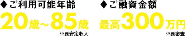 ご利用可能年齢20~85歳・ご融資金額最高300万円